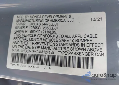 2021 Honda Accord Sport Special Edition from USA, damaged, VIN 1HGCV1F42MA124139